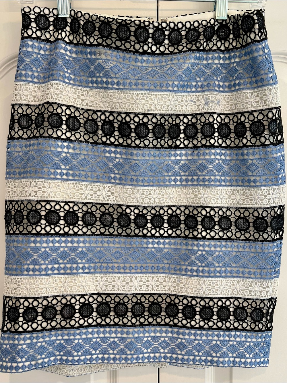Womens Blue, White & Black Lace Stripe Pencil Skirt